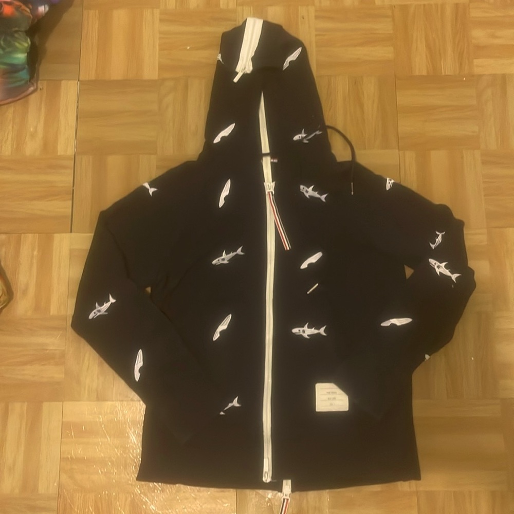 THOM BROWNE EMBROIDERED SHARK & SURFBOARD HOODY